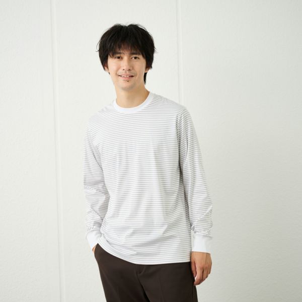 シルキータッチコットン　クルーボーダー長袖Tシャツ