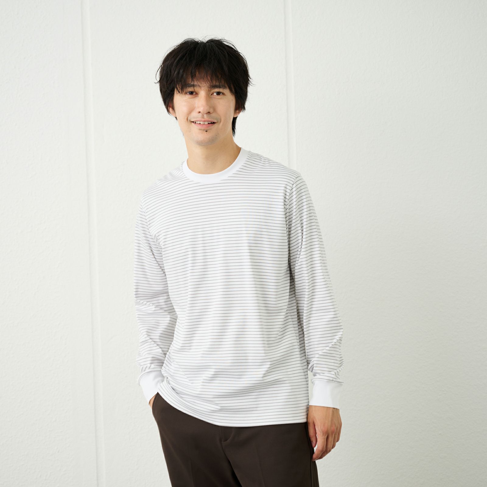 シルキータッチコットン　クルーボーダー長袖Tシャツ