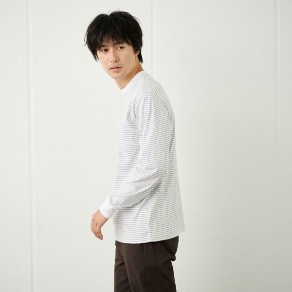 シルキータッチコットン　クルーボーダー長袖Tシャツ