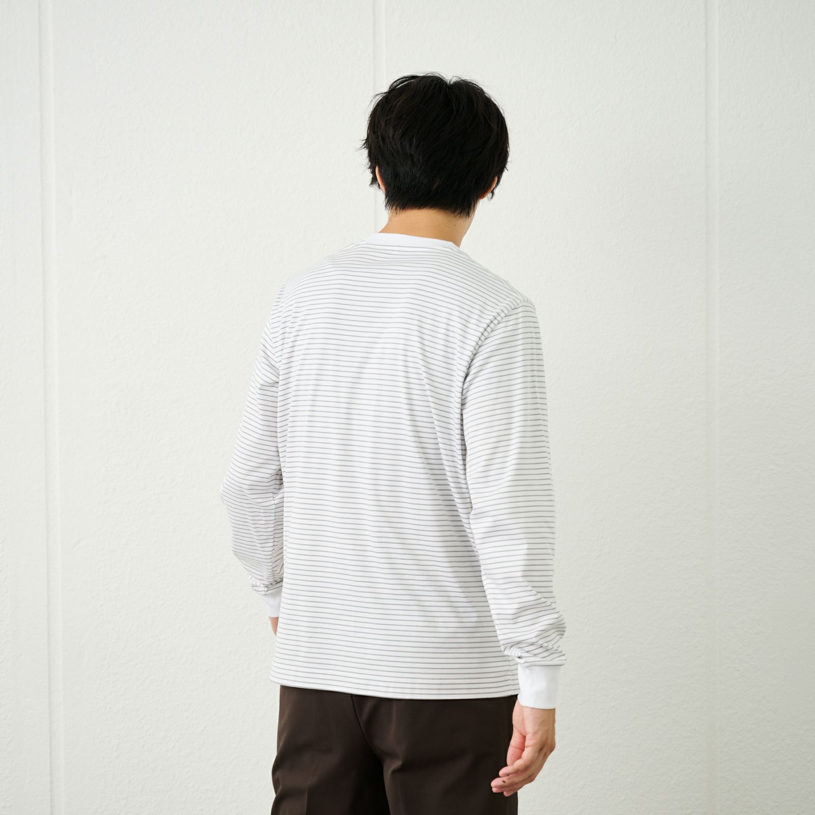 シルキータッチコットン　クルーボーダー長袖Tシャツ