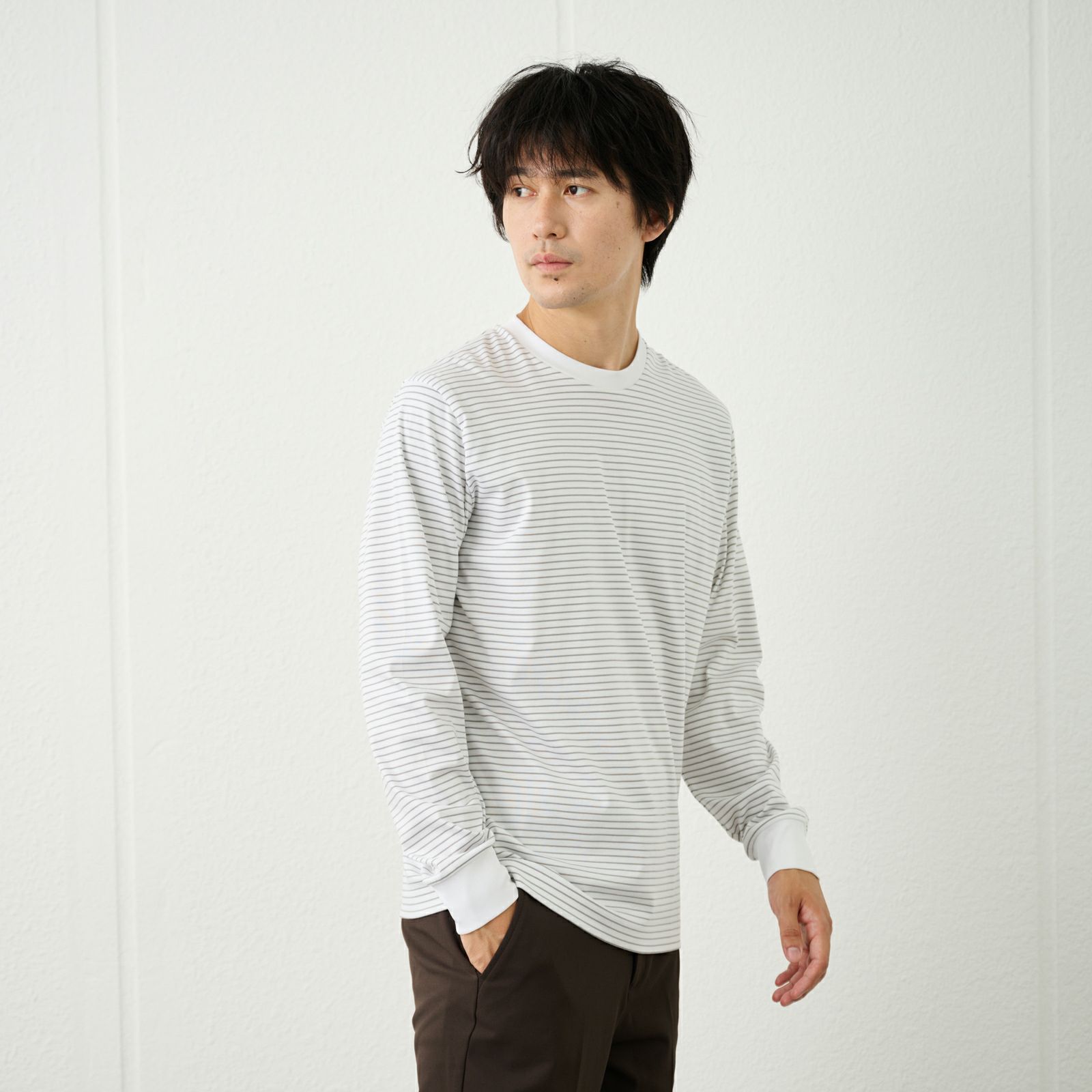 シルキータッチコットン　クルーボーダー長袖Tシャツ
