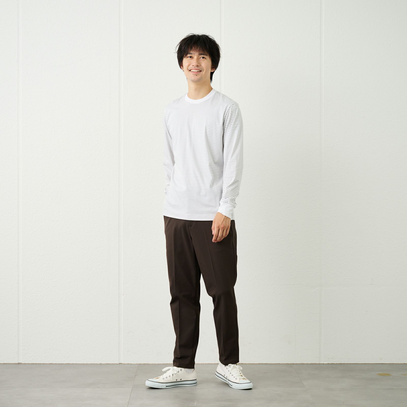 シルキータッチコットン　クルーボーダー長袖Tシャツ