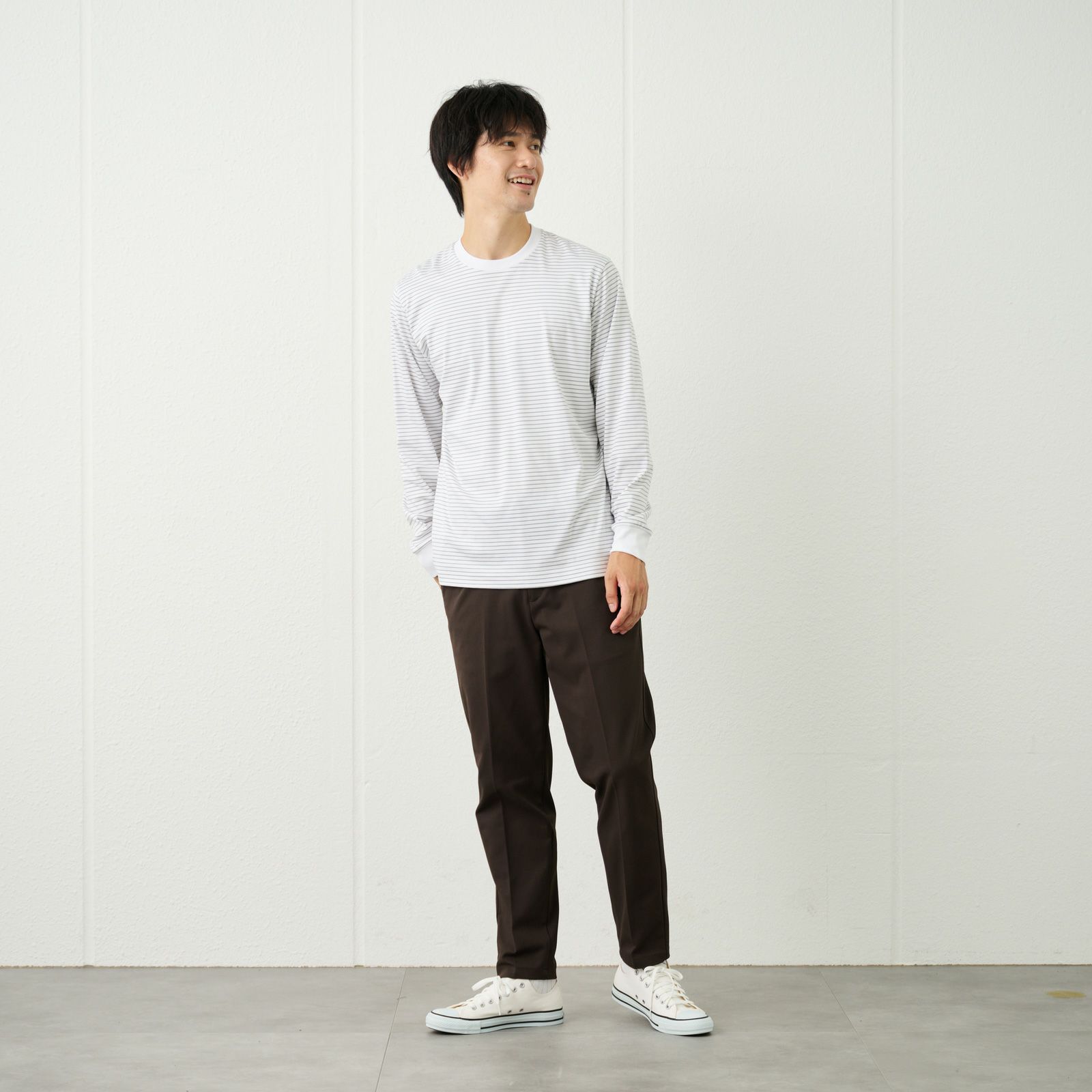 シルキータッチコットン　クルーボーダー長袖Tシャツ