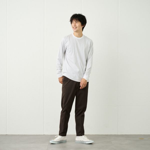 シルキータッチコットン　クルーボーダー長袖Tシャツ