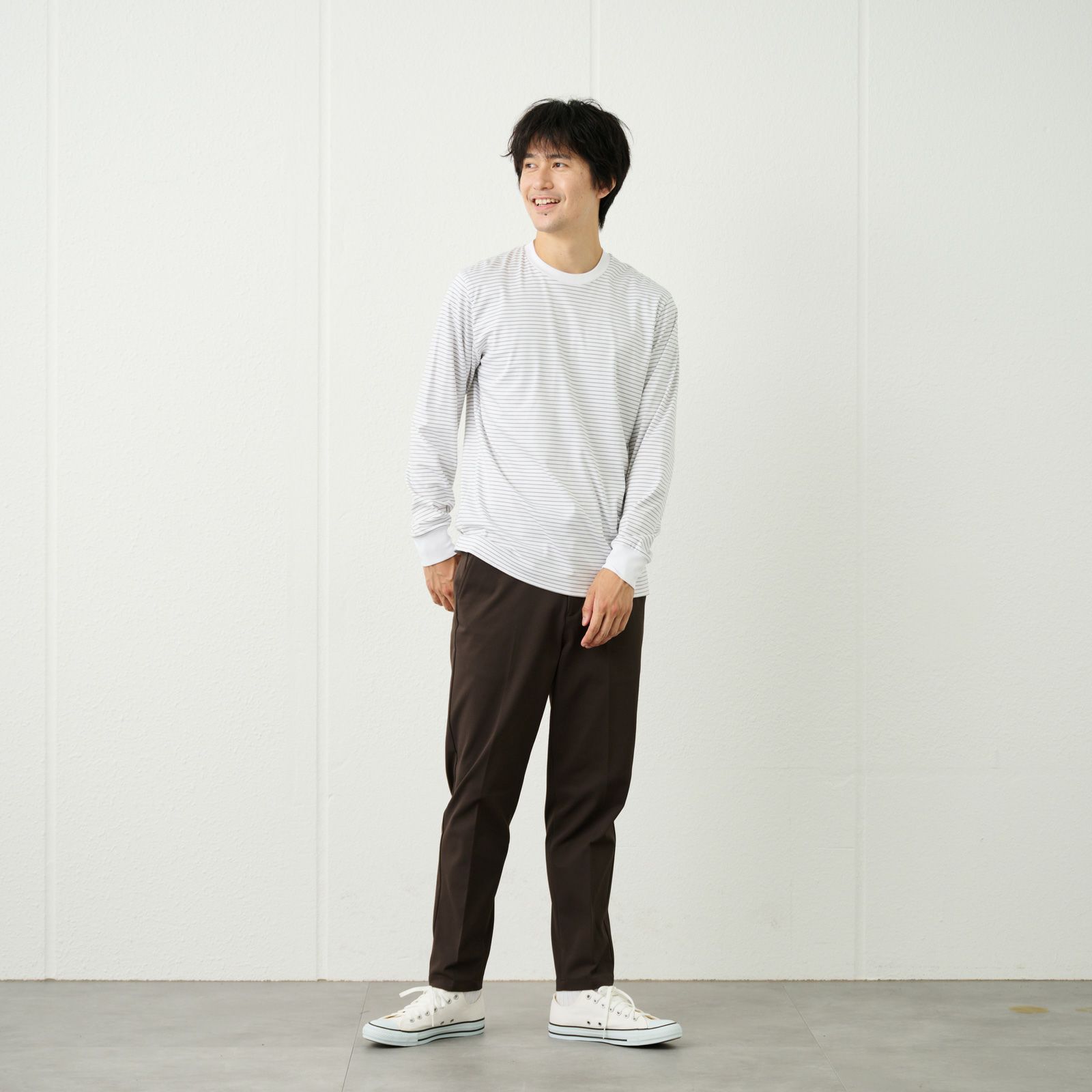 シルキータッチコットン　クルーボーダー長袖Tシャツ