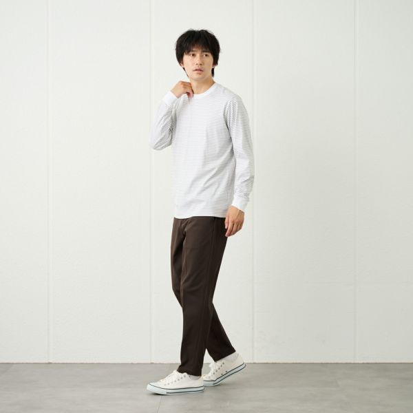 シルキータッチコットン　クルーボーダー長袖Tシャツ