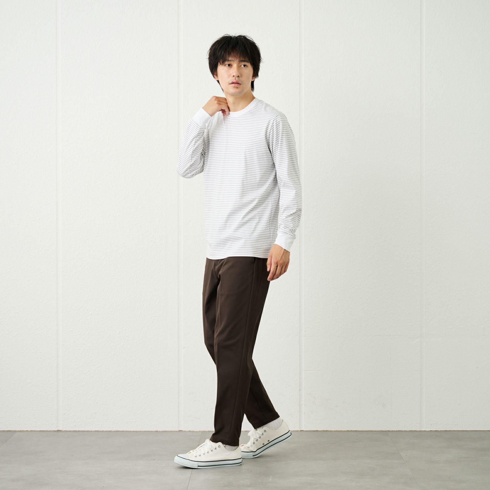 シルキータッチコットン　クルーボーダー長袖Tシャツ