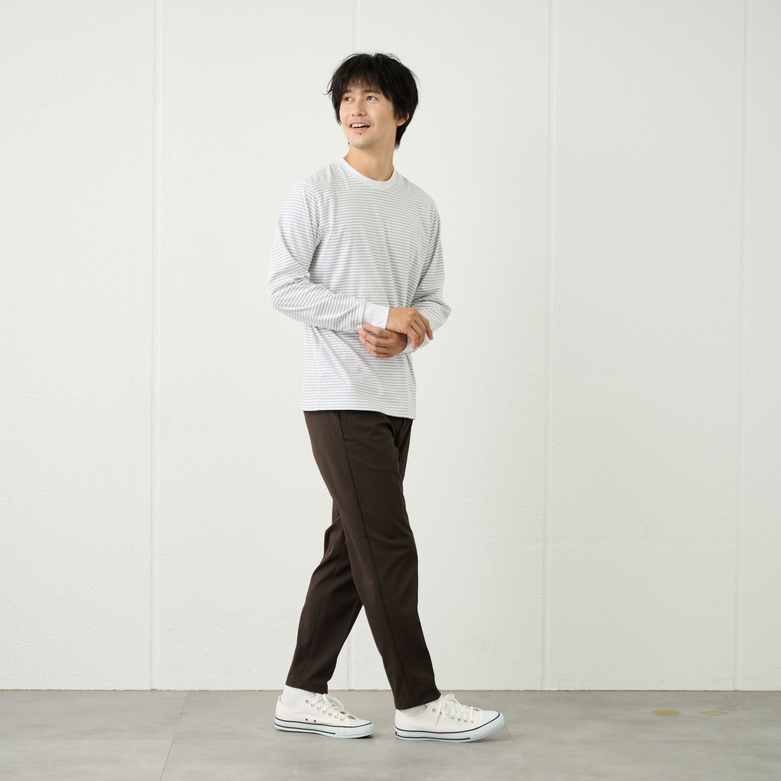 シルキータッチコットン　クルーボーダー長袖Tシャツ