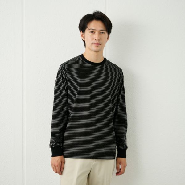 シルキータッチコットン　クルーボーダー長袖Tシャツ