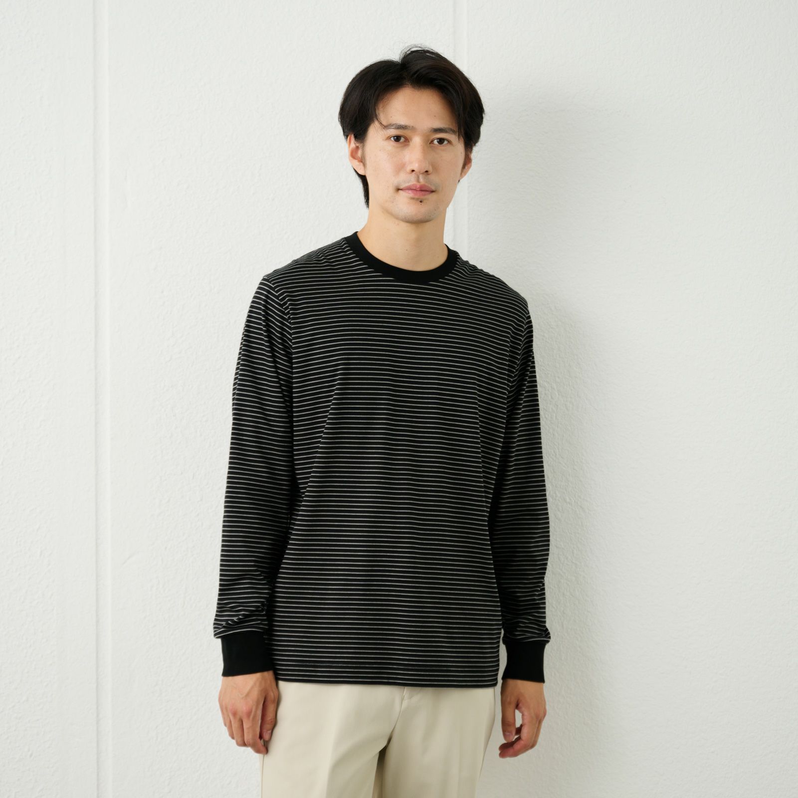 シルキータッチコットン　クルーボーダー長袖Tシャツ