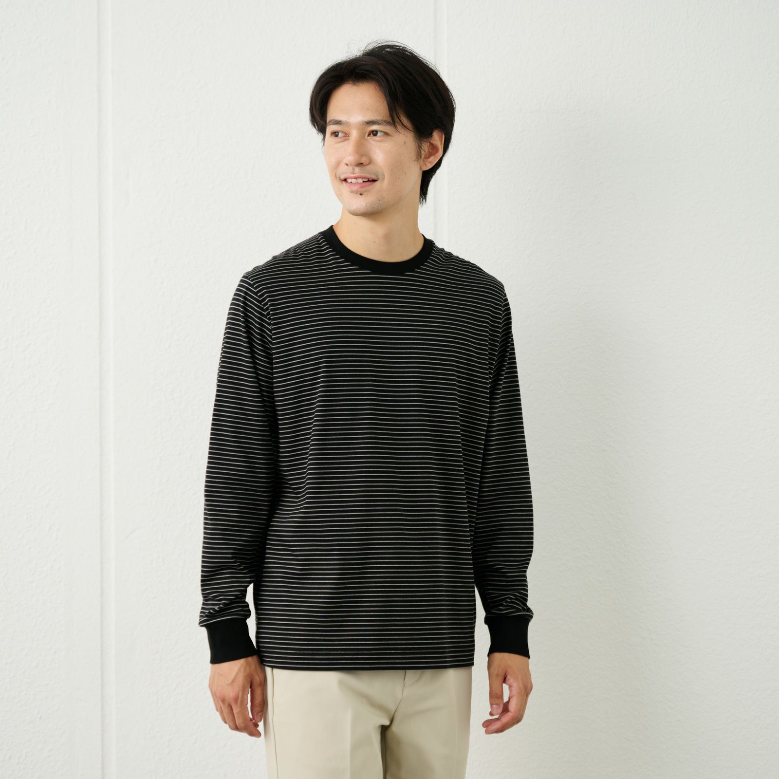 シルキータッチコットン　クルーボーダー長袖Tシャツ