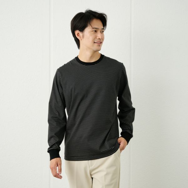 シルキータッチコットン　クルーボーダー長袖Tシャツ