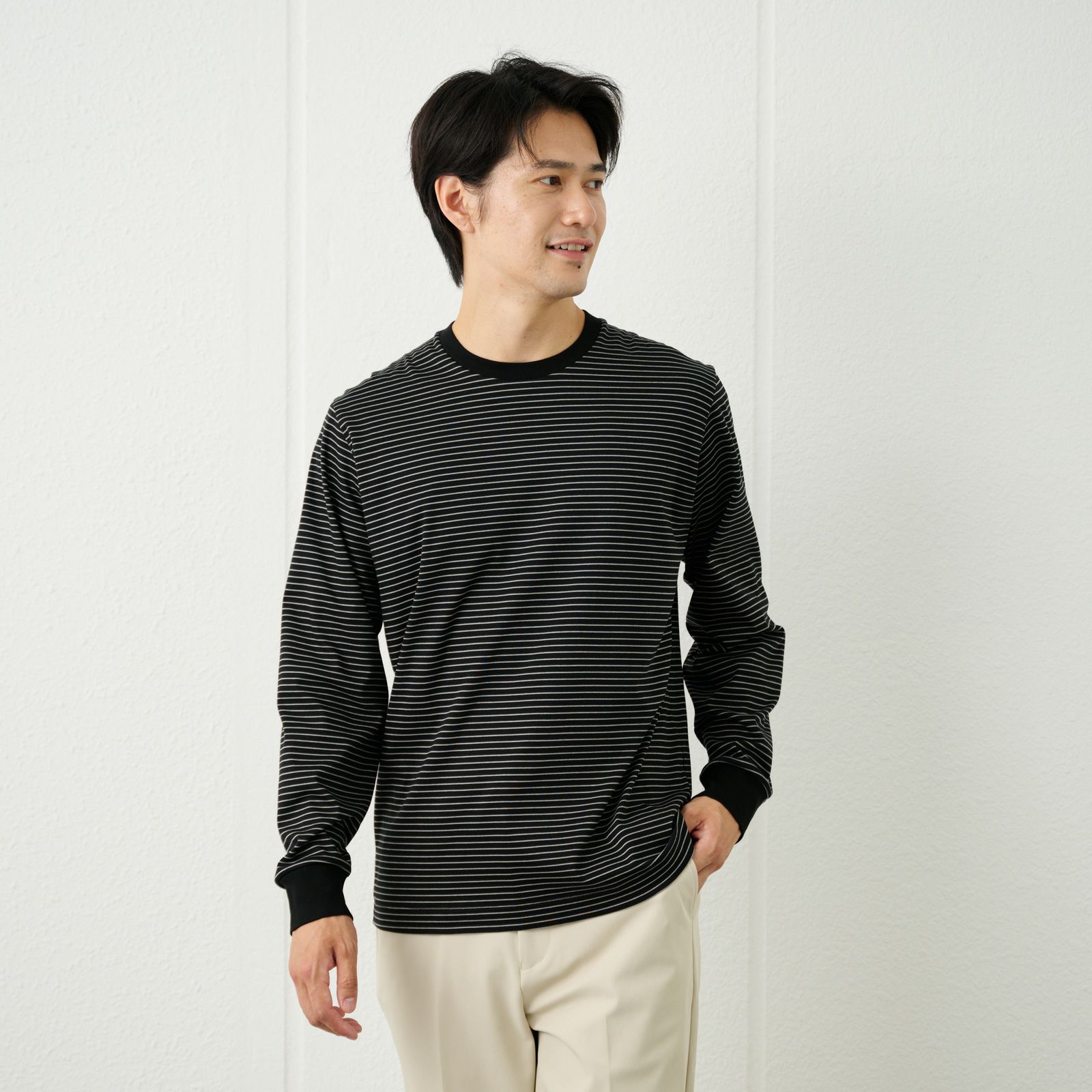 シルキータッチコットン　クルーボーダー長袖Tシャツ