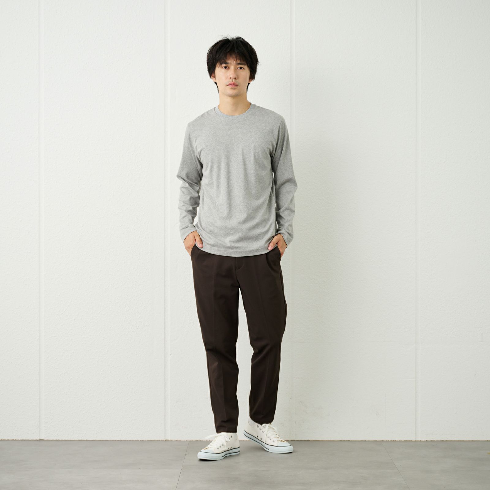 シルキータッチコットン　クルーネック長袖Tシャツ（無地）