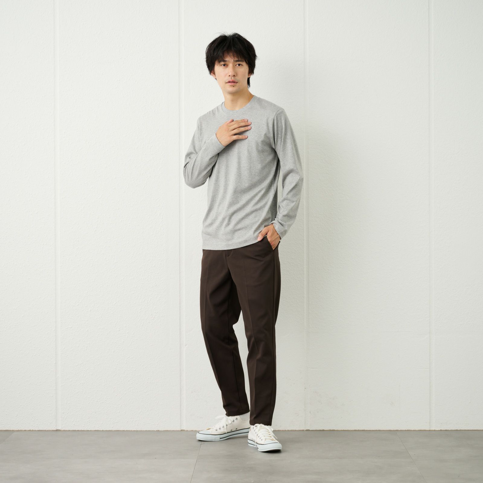 シルキータッチコットン　クルーネック長袖Tシャツ（無地）