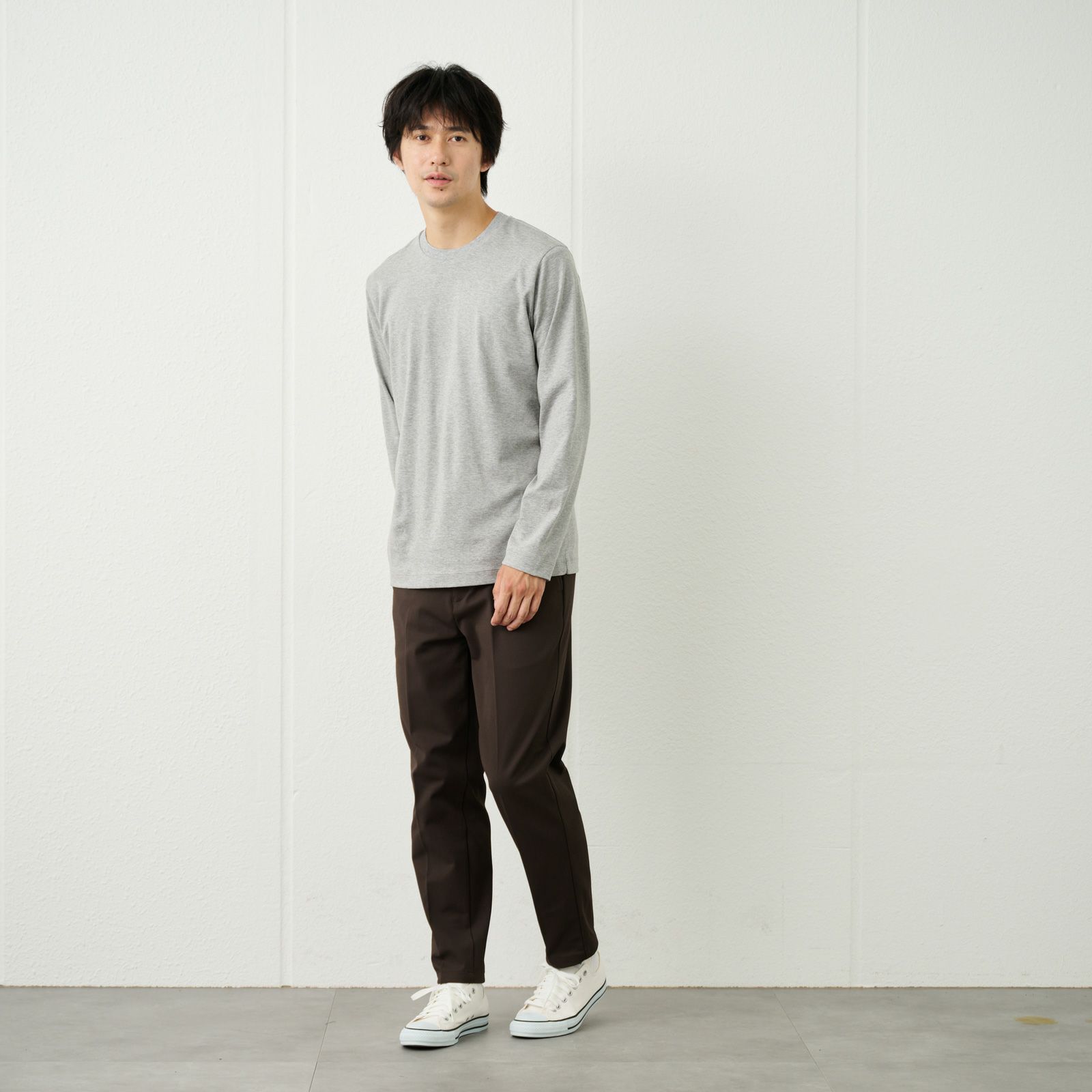 シルキータッチコットン　クルーネック長袖Tシャツ（無地）