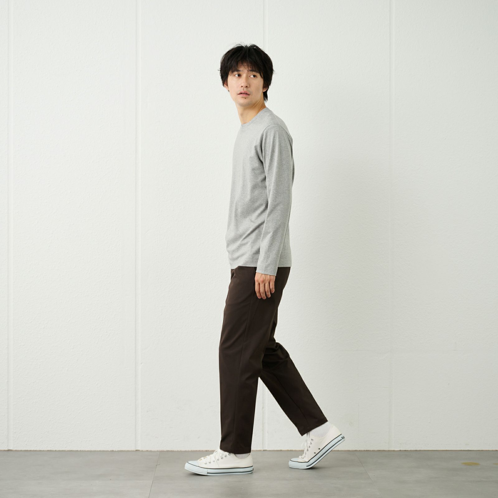 シルキータッチコットン　クルーネック長袖Tシャツ（無地）