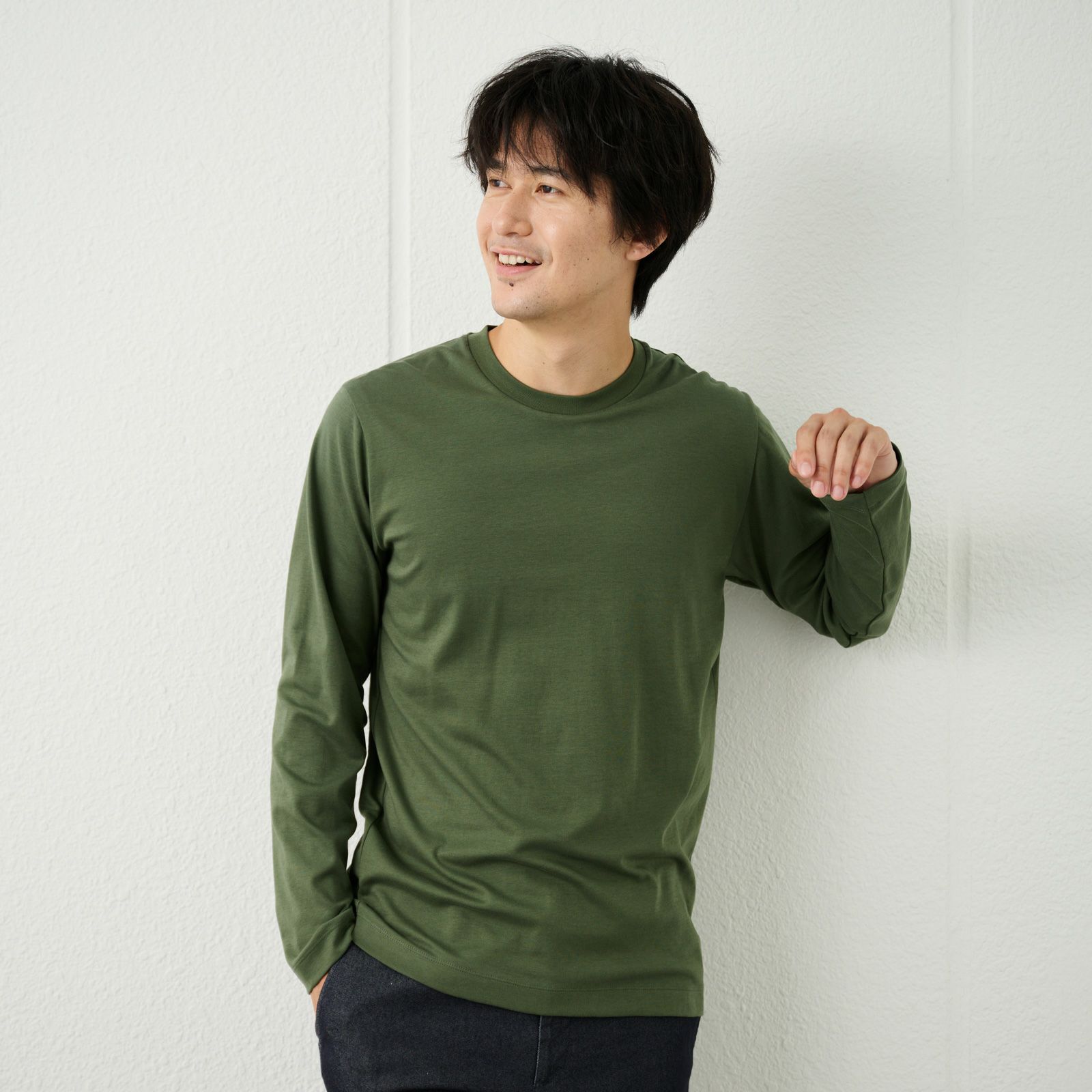 シルキータッチコットン　クルーネック長袖Tシャツ（無地）