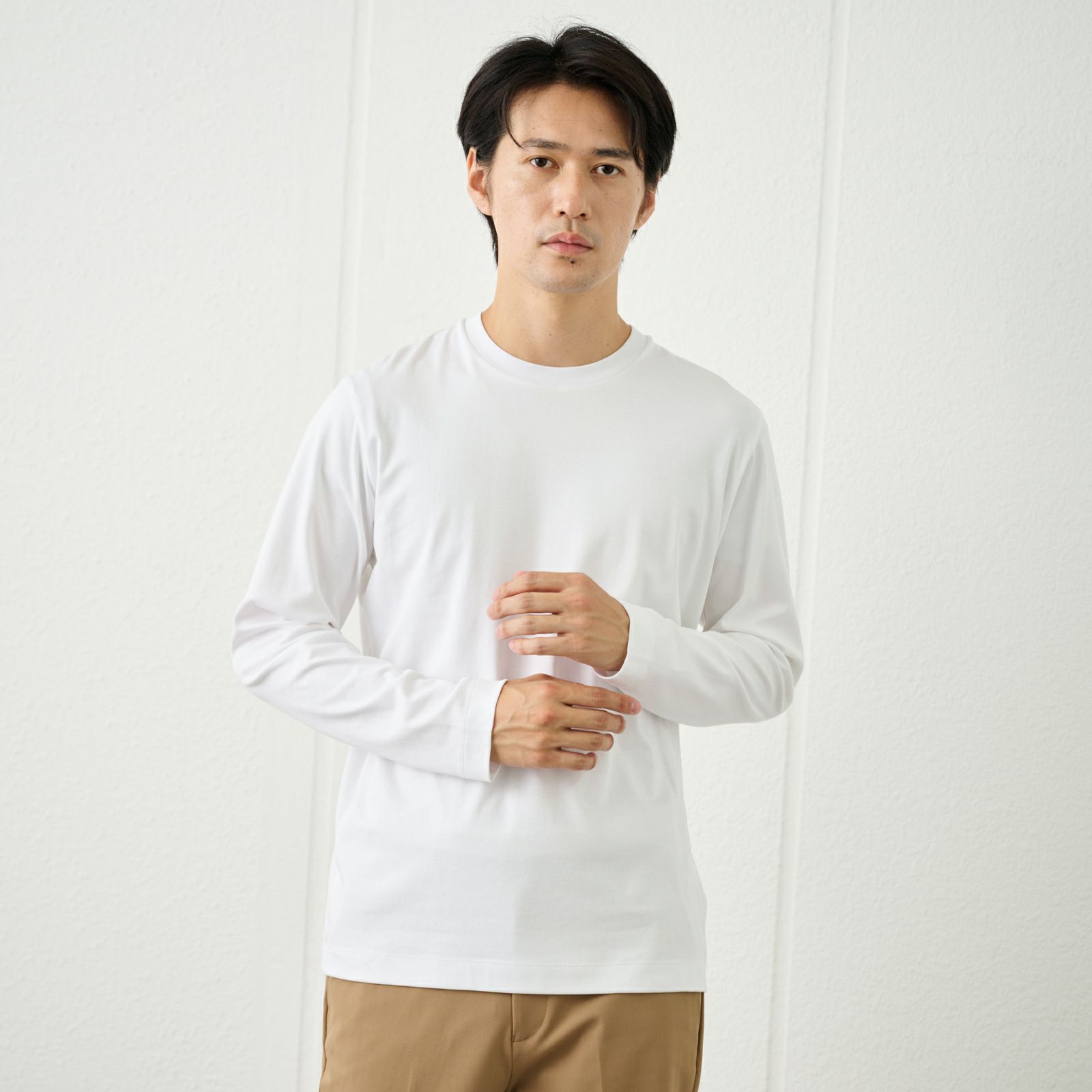 シルキータッチコットン　クルーネック長袖Tシャツ（無地）