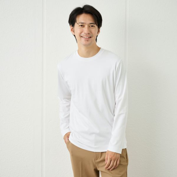 シルキータッチコットン　クルーネック長袖Tシャツ（無地）