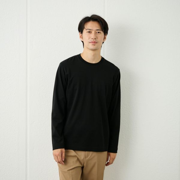 シルキータッチコットン　クルーネック長袖Tシャツ（無地）