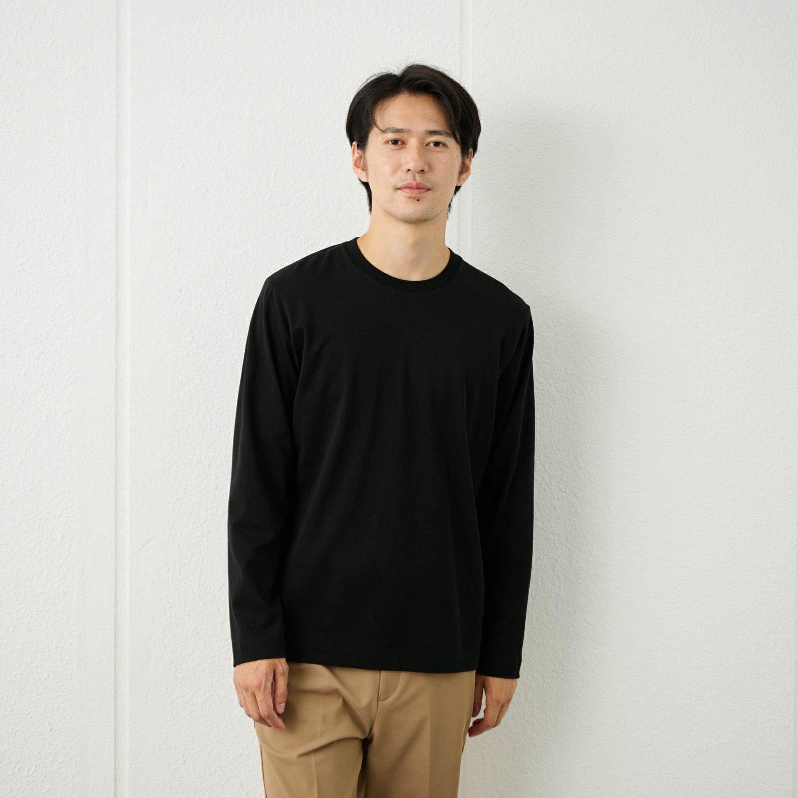 シルキータッチコットン　クルーネック長袖Tシャツ（無地）