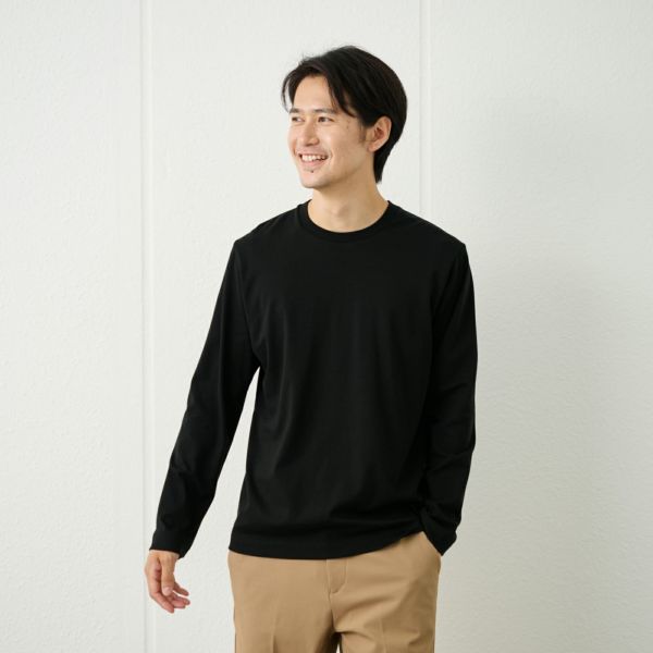 シルキータッチコットン　クルーネック長袖Tシャツ（無地）