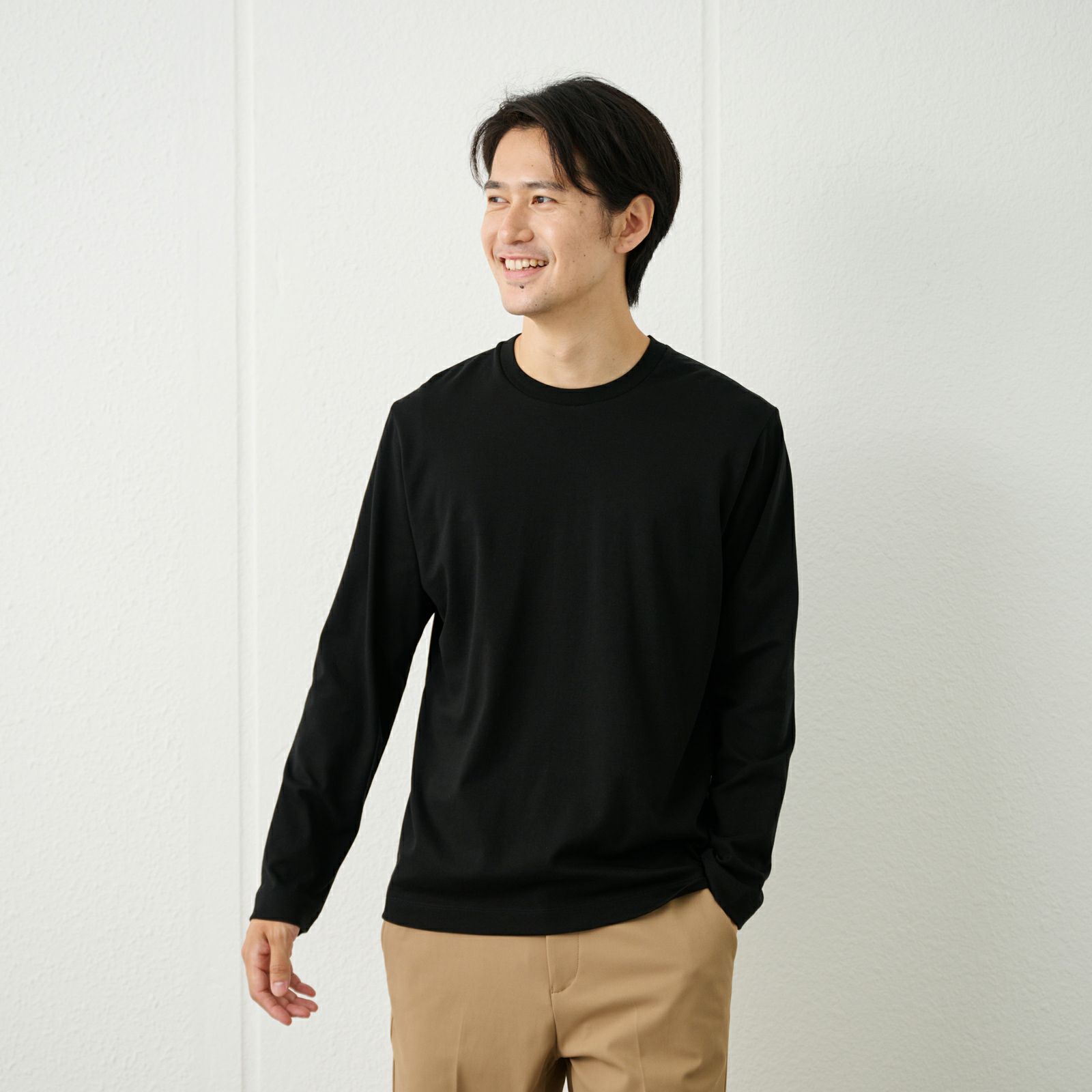 シルキータッチコットン　クルーネック長袖Tシャツ（無地）