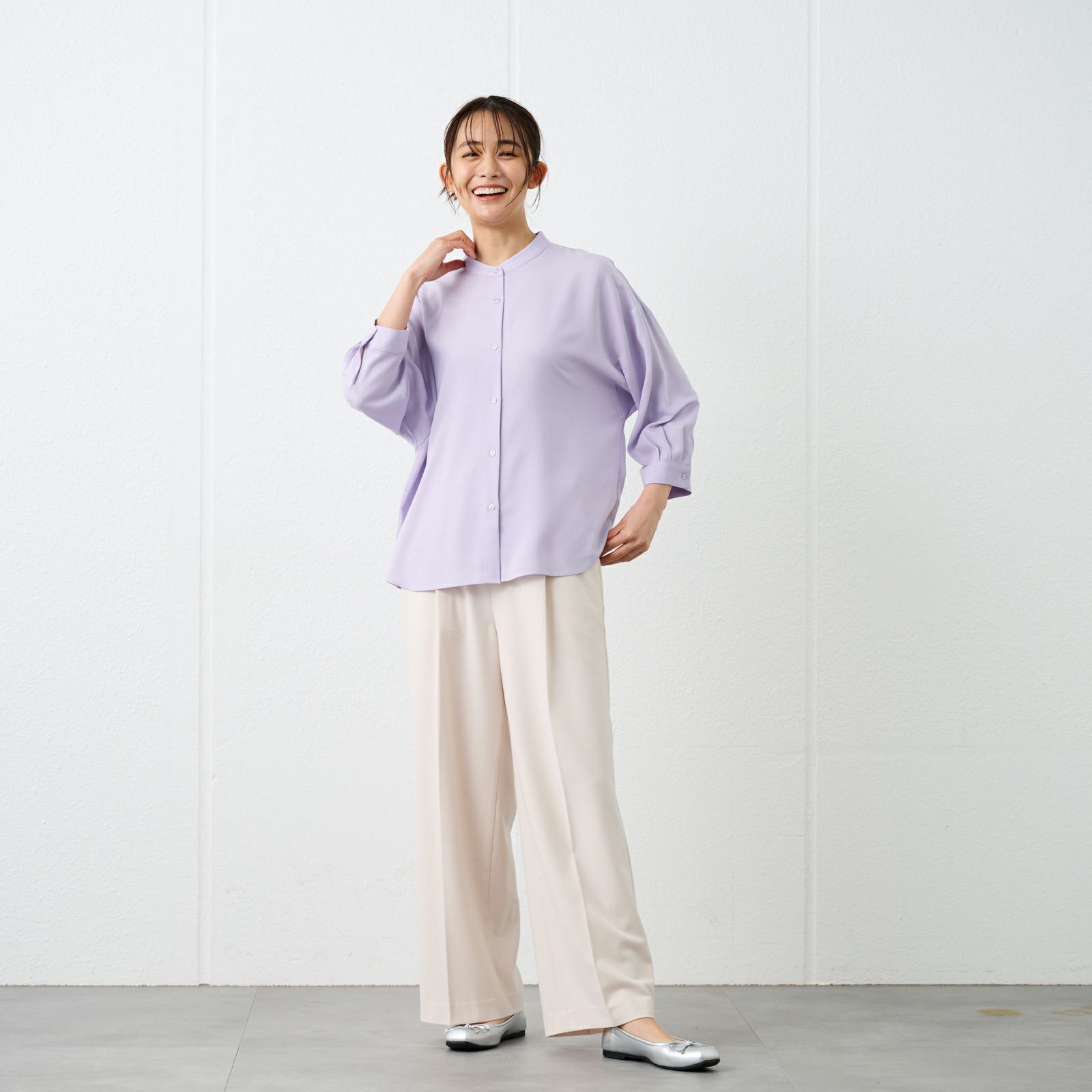 【オルスタ】イージーケア8分袖バンドカラーブラウス