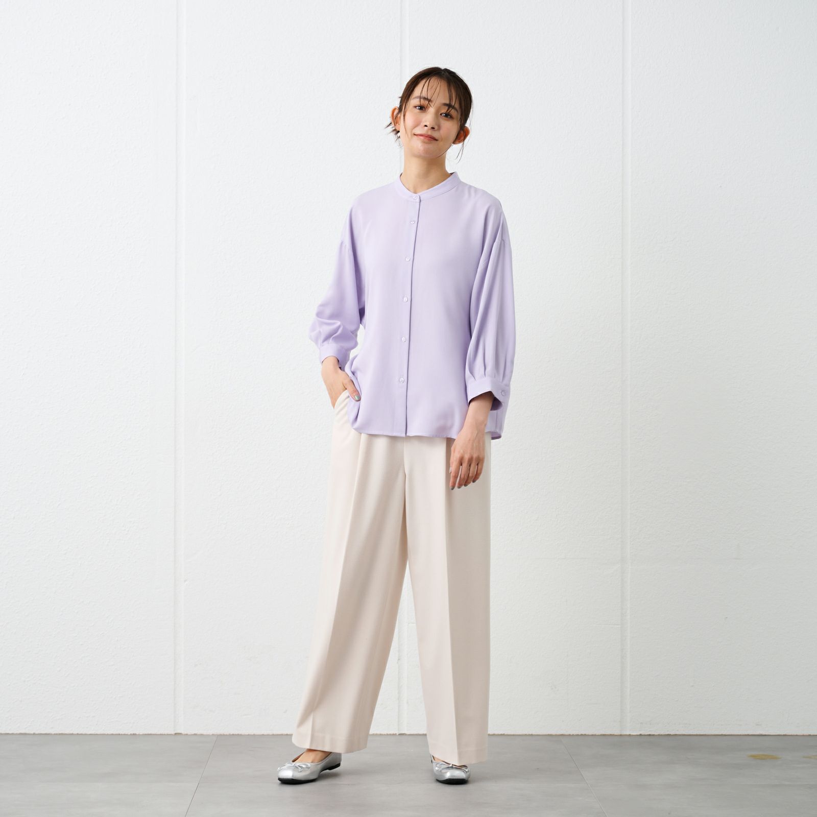 【オルスタ】イージーケア8分袖バンドカラーブラウス