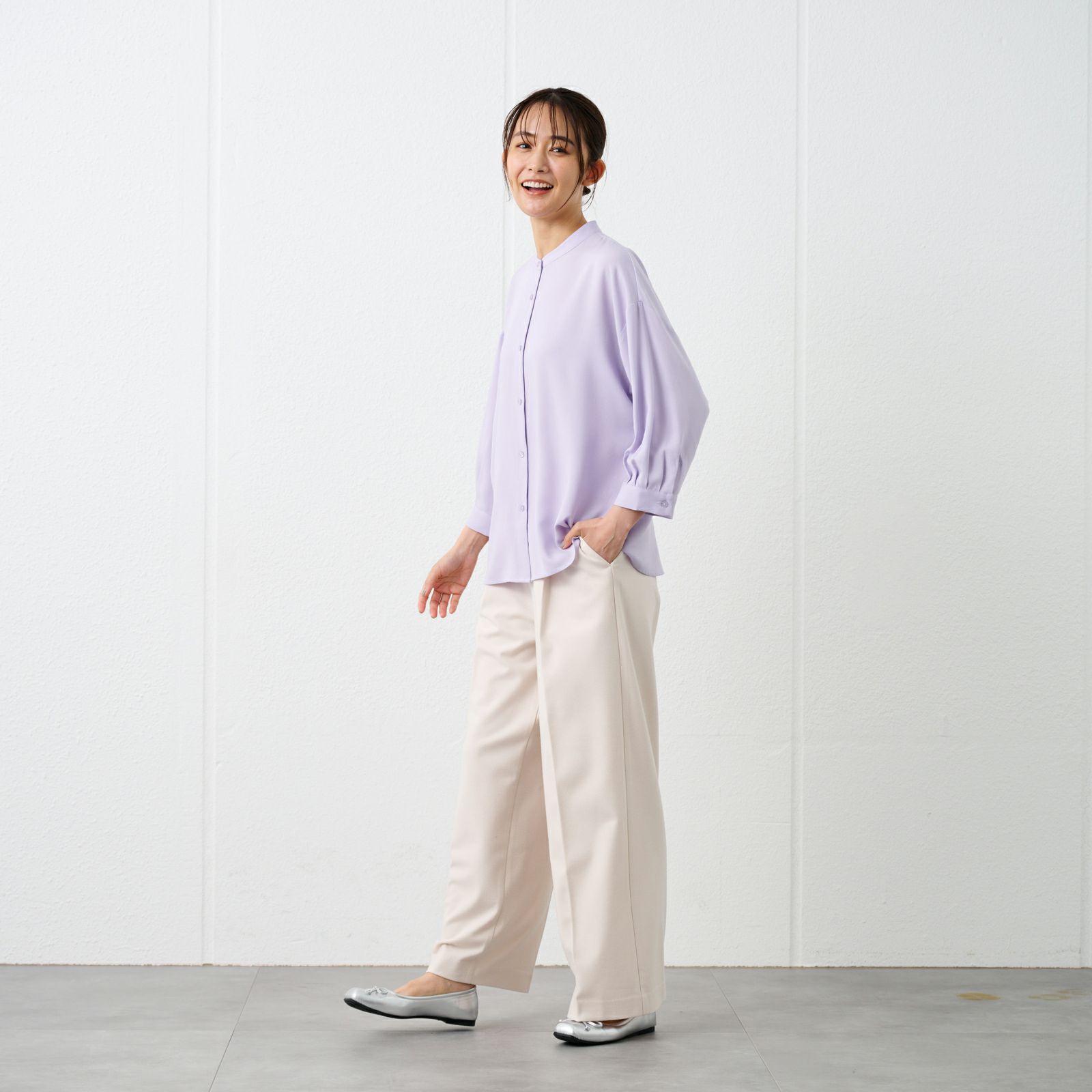 【オルスタ】イージーケア8分袖バンドカラーブラウス