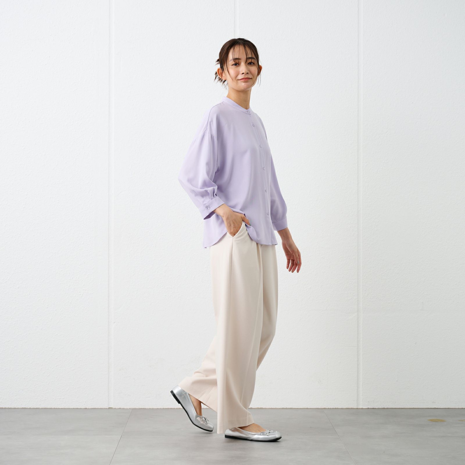 【オルスタ】イージーケア8分袖バンドカラーブラウス