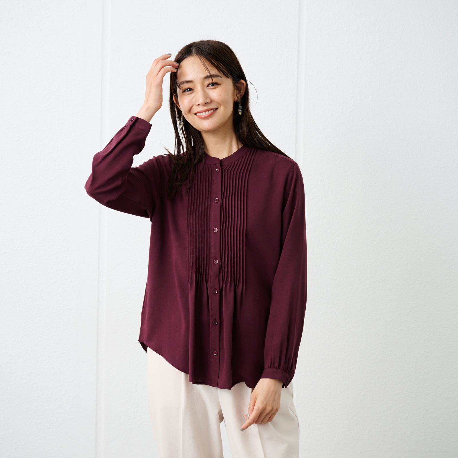 【オルスタ】イージーケア長袖ピンタックブラウス