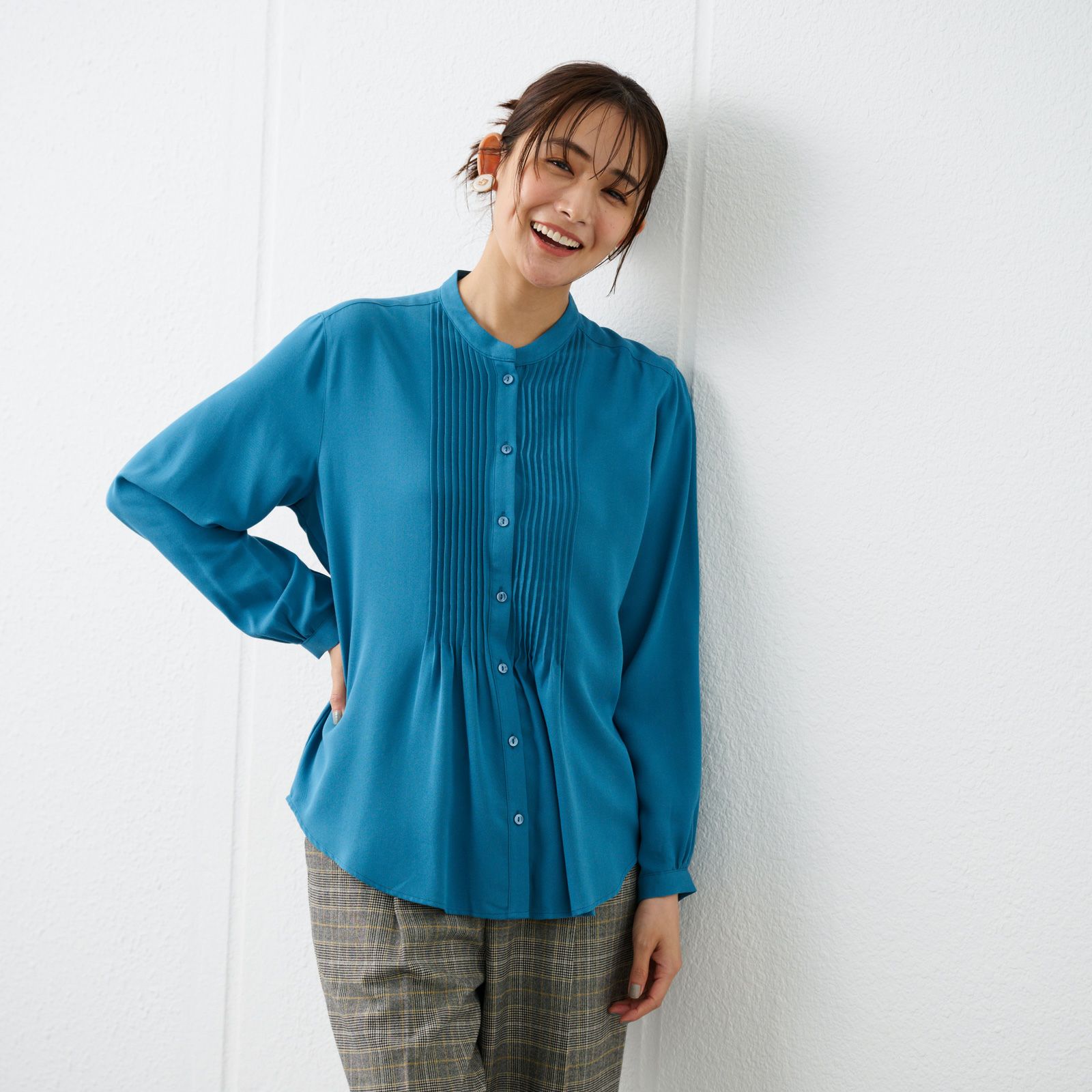 【オルスタ】イージーケア長袖ピンタックブラウス