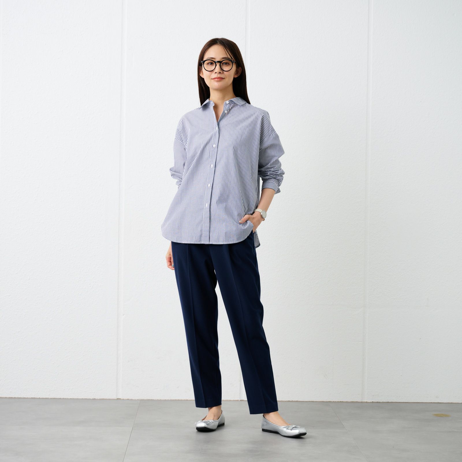 【てまラク】　綿混長袖レギュラーシャツ