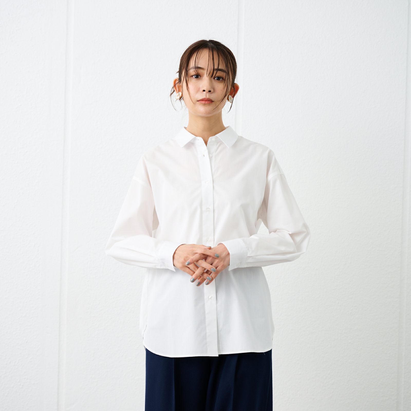 【てまラク】　綿混長袖レギュラーシャツ