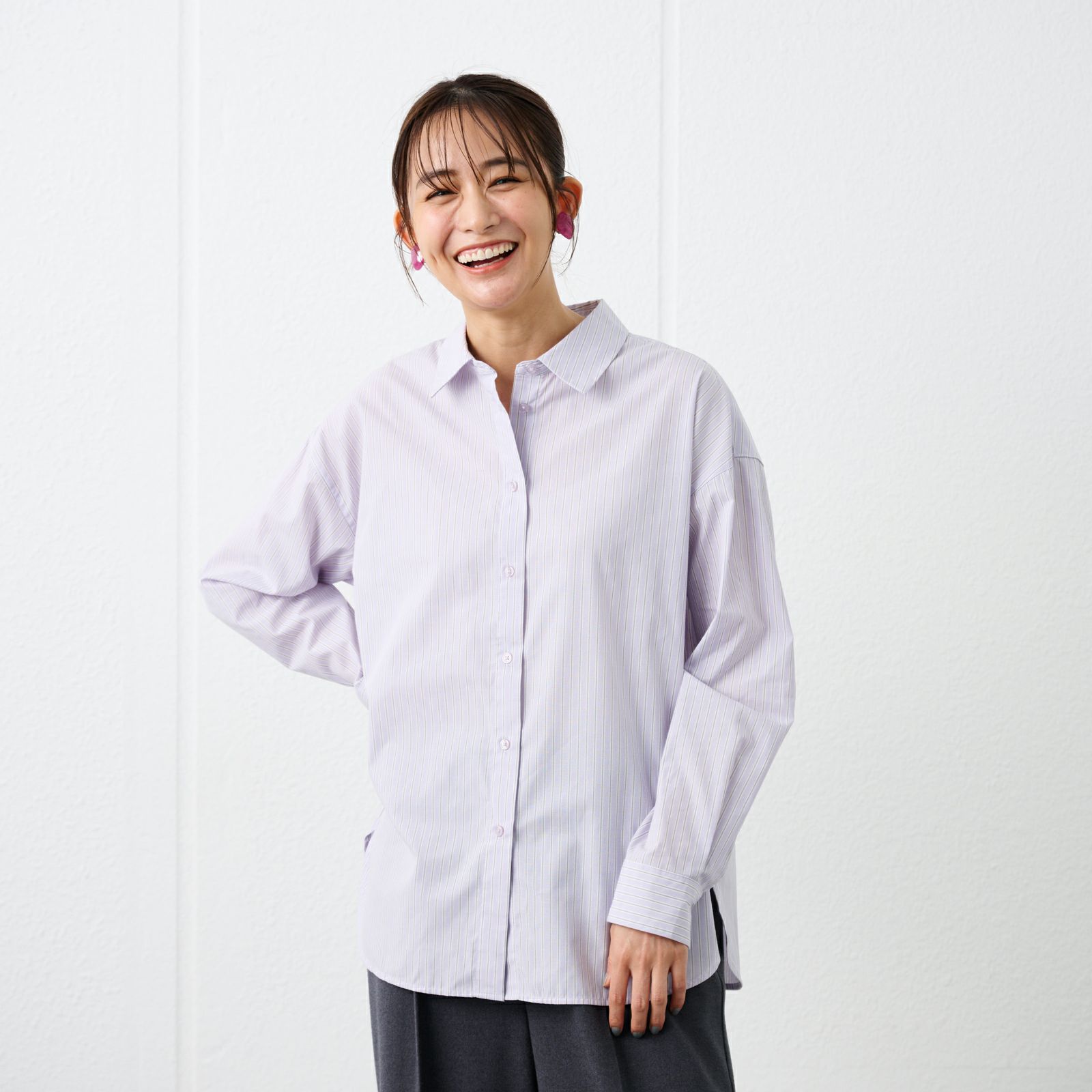 【てまラク】　綿混長袖レギュラーシャツ