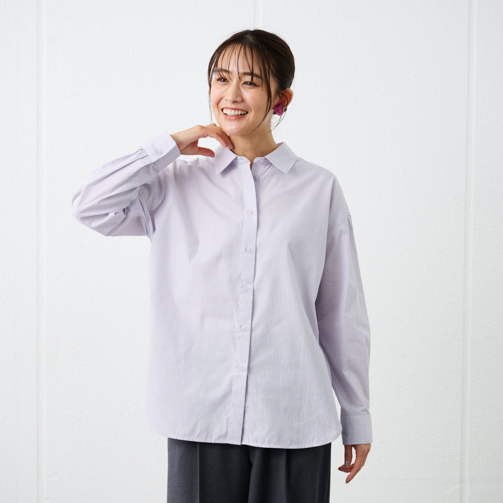 【てまラク】　綿混長袖レギュラーシャツ