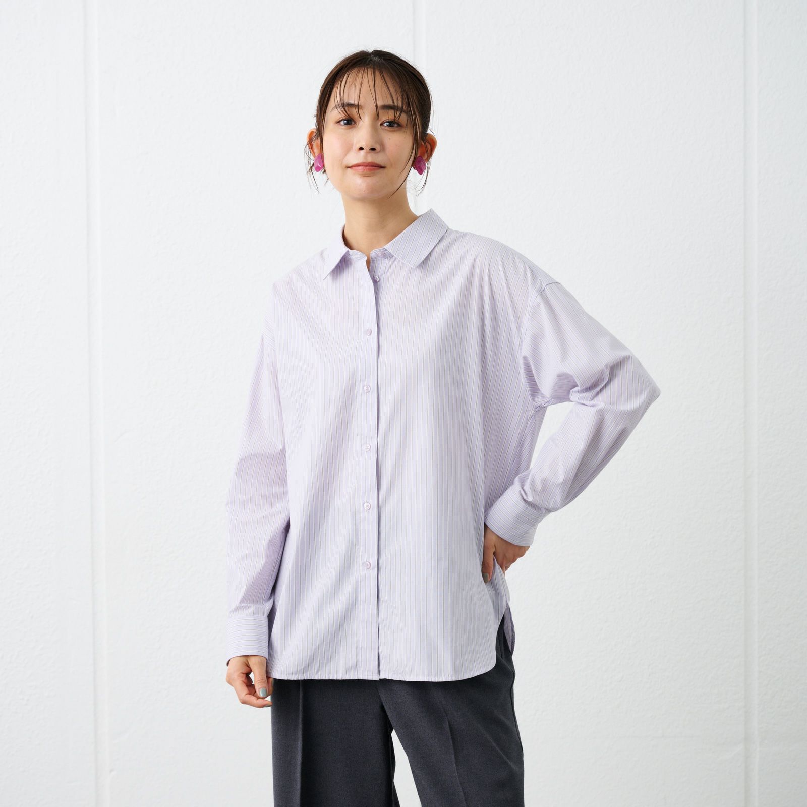 【てまラク】　綿混長袖レギュラーシャツ