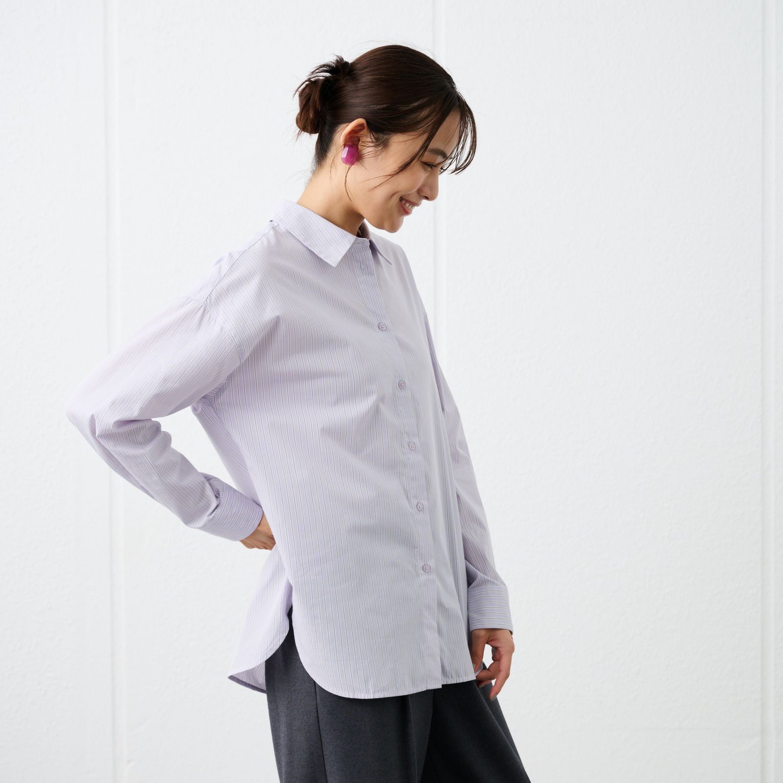 【てまラク】　綿混長袖レギュラーシャツ