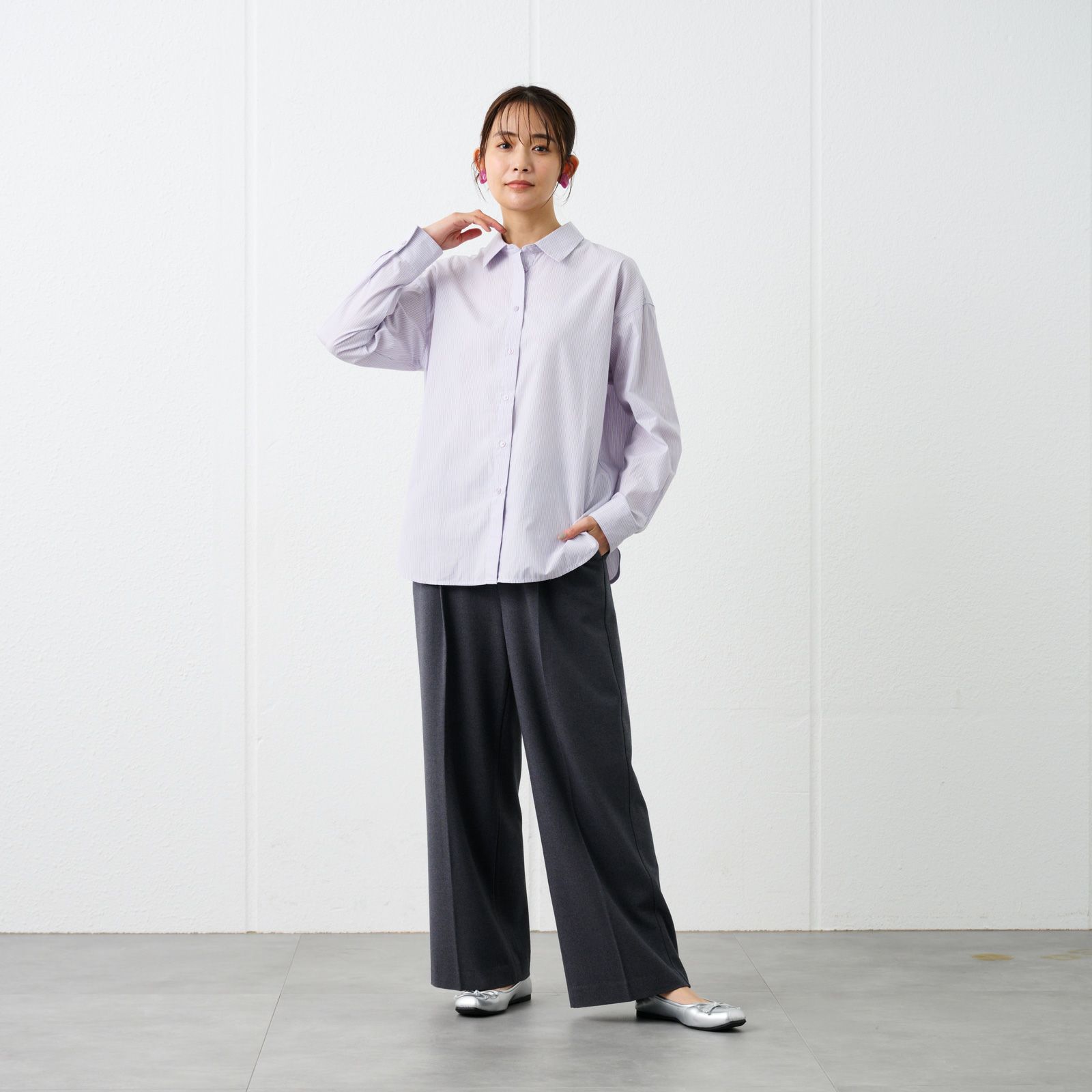 【てまラク】　綿混長袖レギュラーシャツ