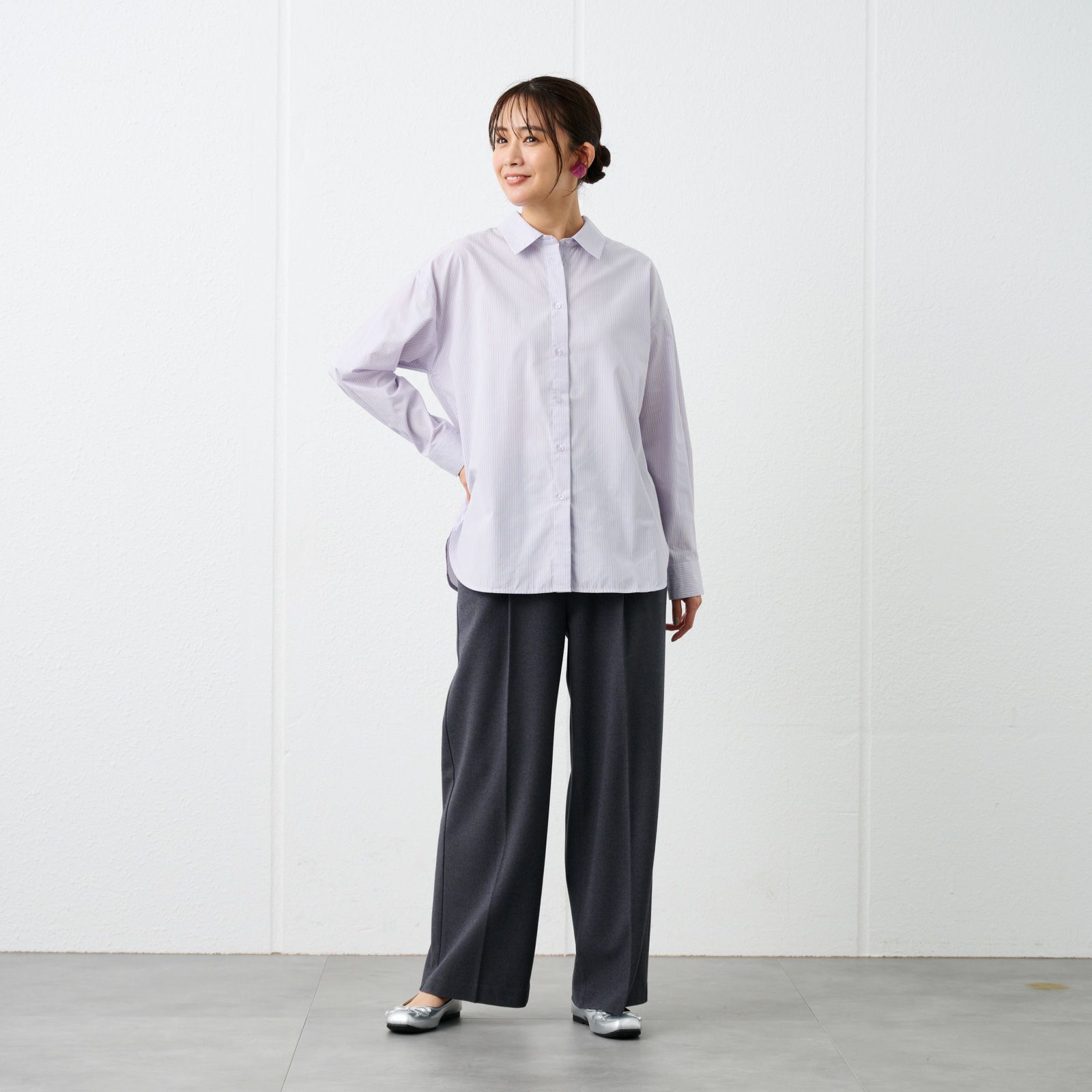 【てまラク】　綿混長袖レギュラーシャツ