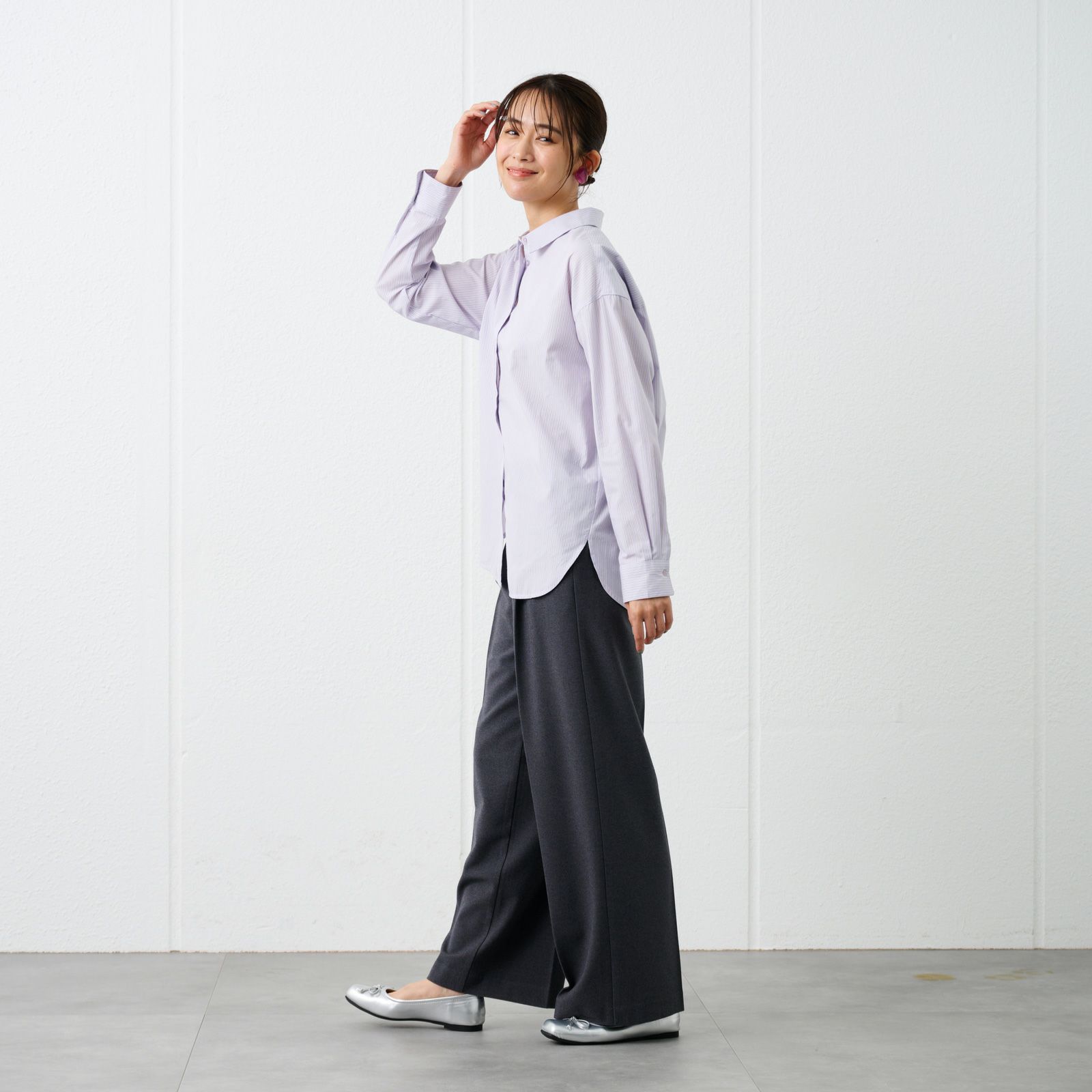 【てまラク】　綿混長袖レギュラーシャツ