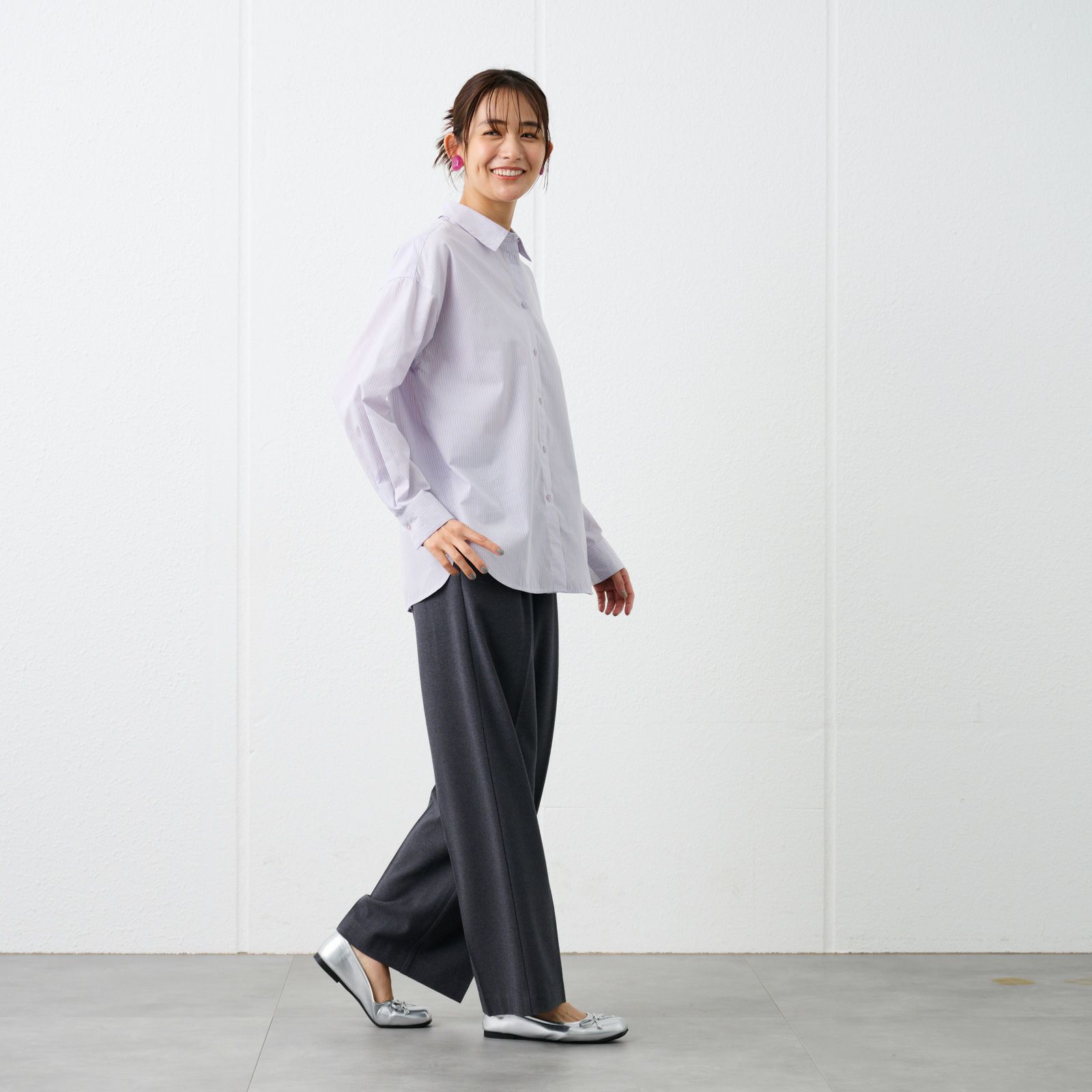 【てまラク】　綿混長袖レギュラーシャツ