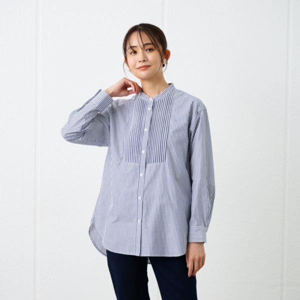 【てまラク】　綿混長袖バンドカラーミドルシャツ