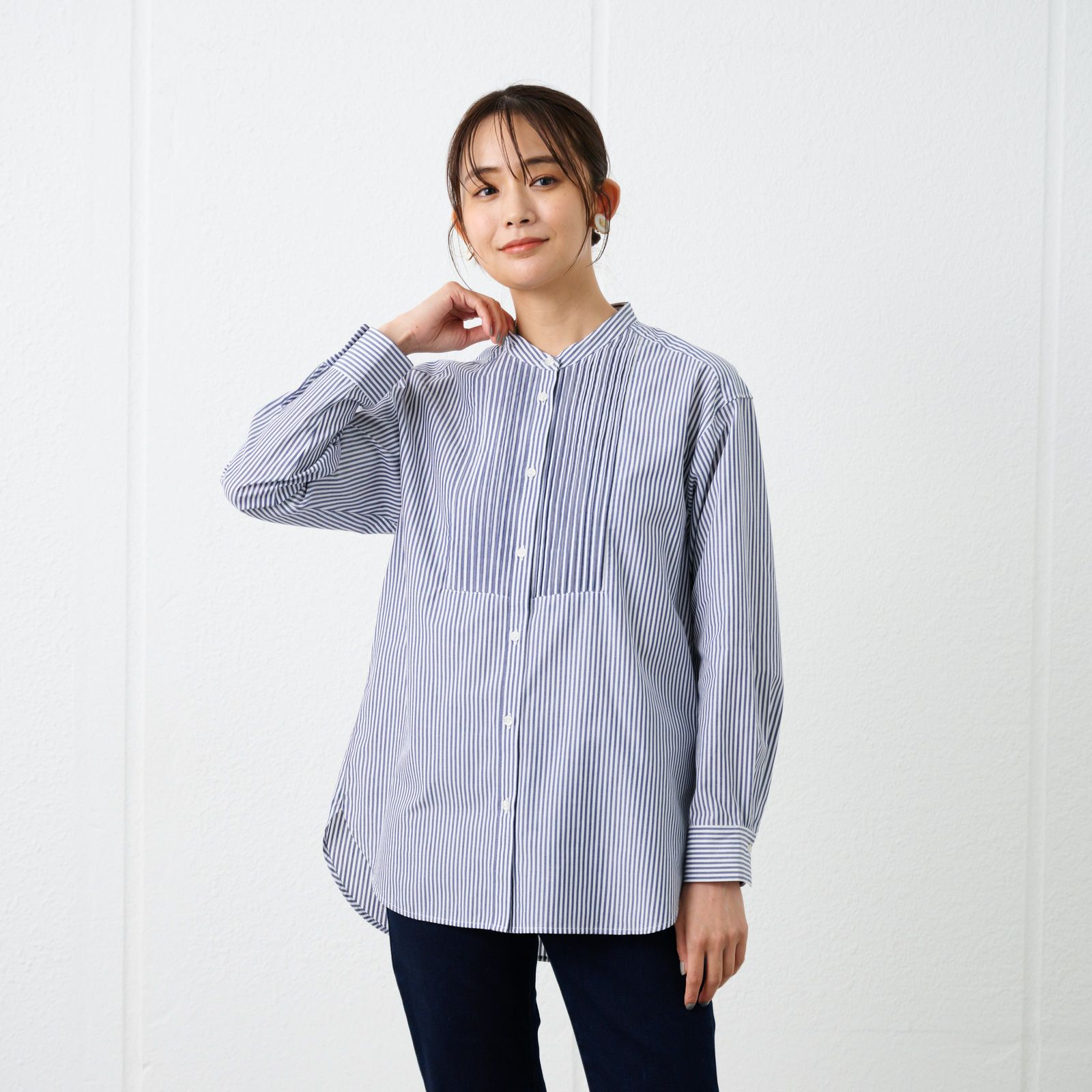 【てまラク】　綿混長袖バンドカラーミドルシャツ