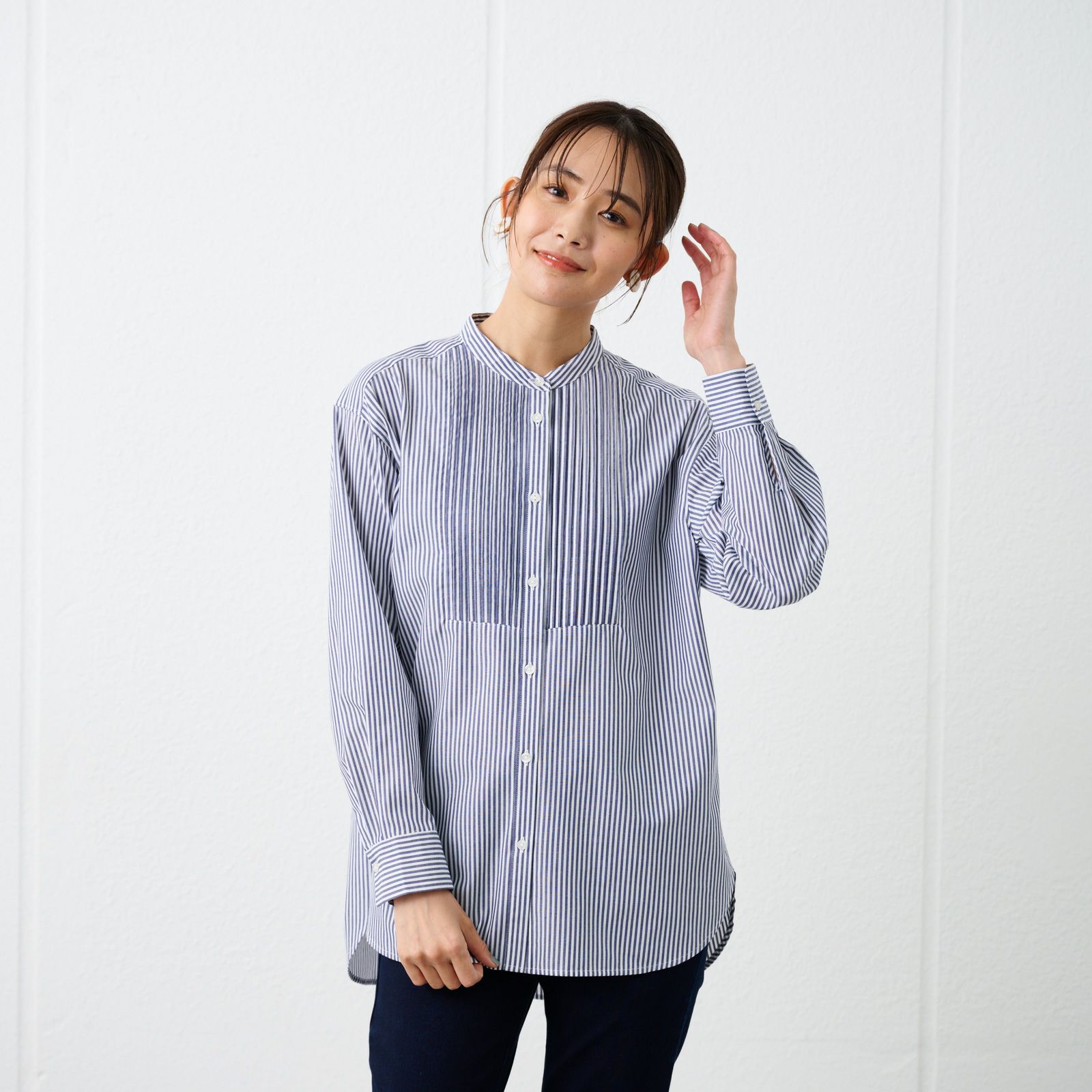 【てまラク】　綿混長袖バンドカラーミドルシャツ