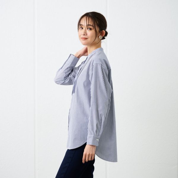 【てまラク】　綿混長袖バンドカラーミドルシャツ