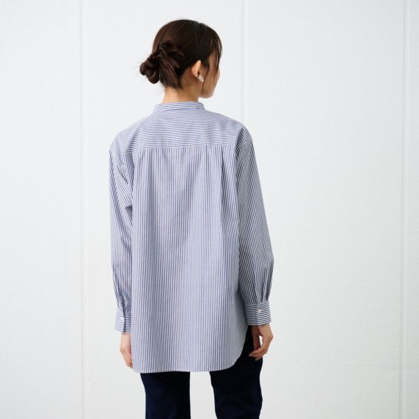 【てまラク】　綿混長袖バンドカラーミドルシャツ