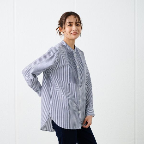 【てまラク】　綿混長袖バンドカラーミドルシャツ